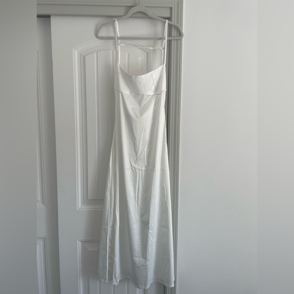 Beautiful White Silky Drapey Dress With Back Cutout and Back Slit